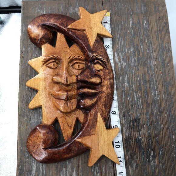 Handcarved Wooden Celestial Sun Moon Stars Wall Hanging Plaque Sculpture - Picture 5 of 6